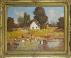 Olvashatatlan jelzéssel: Mosóasszonyok. Olaj, vászon. Hátoldalán Nádasi Pál festőművészeti cikkek 19...