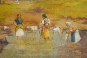 Olvashatatlan jelzéssel: Mosóasszonyok. Olaj, vászon. Hátoldalán Nádasi Pál festőművészeti cikkek 19...