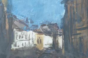 ifj. Iván Szilárd (1955-): Utca a várban, 1980-as évek. Olaj, farost, jelzett. Hátoldalán Rézkarcoló...