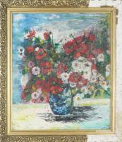 Rácz Júlia (XX. sz. második fele): Virágcsendélet, 1977. Olaj, farost. 58x50 cm. Dekoratív, sérült f...