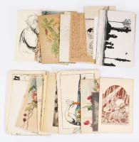 ca 1900-1930 30 db kézzel rajzolt képeslap nagyságú grafika klf alkotóktól, témákkal és korokból