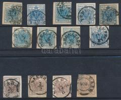 1850 3kr 7 db + 6kr 4 db + 9kr 9 db bélyeg, 3 stecklapon