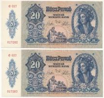 1941. 20P (2x) sorszámkövetők "C 027 017282 - C 027 017283" T:XF
Hungary 1941. 20 Pengő (...