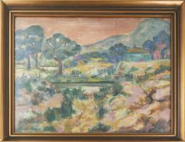 Kernstok Károly 1940 jelzéssel: Színes táj. Olaj, vászon, hajtásnyomokkal. Üvegezett, kissé sérült f...
