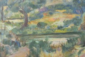 Kernstok Károly 1940 jelzéssel: Színes táj. Olaj, vászon, hajtásnyomokkal. Üvegezett, kissé sérült f...