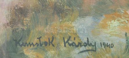 Kernstok Károly 1940 jelzéssel: Színes táj. Olaj, vászon, hajtásnyomokkal. Üvegezett, kissé sérült f...