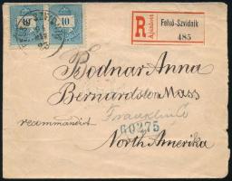 1894 Ajánlott levél 2 x 10kr bérmentesítéssel az USA-ba küldve, "FELSŐ-SZVIDNIK" - "N...