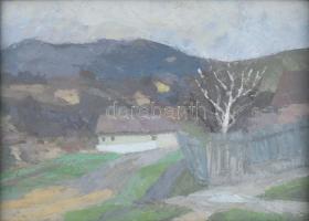 Nuridsány Zoltán (1925-1974): Faluvége. Olaj, karton, jelezve jobbra lent. Dekoratív, üvegezett fake...
