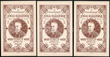 1925 3 db A Magyar Nemzeti Múzeum Jókai Kiállítás alkalmi emlék-levelezőlapja