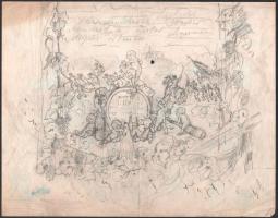 Jelzés nélkül, XIX. sz. vége/XX. sz. eleje: Jelenet katonákkal és puttókkal (oklevél- vagy plakátter...