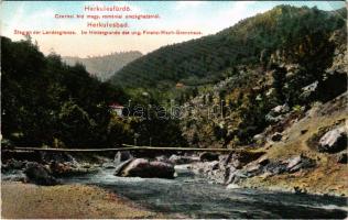 1911 Herkulesfürdő, Herkulesbad, Baile Herculane; Cserna híd a magyar romániai országhatárnál, hátul...