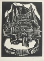 Moskál Tibor (1930-): Ház előtt. Fametszet, papír, jelzett. Paszpartuban. 24x18 cm