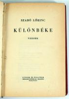 Szabó Lőrinc: Különbéke. Versek. Bp., én., Singer és Wolfner. Átkötött egészvászon-kötés, sérült ger...