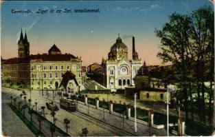 1916 Temesvár, Timisoara; Ligeti út az izraelita templommal, zsinagóga, villamos / snyagogue, tram (...