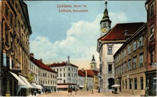 Ljubljana, Laibach; Mestni trg / Rathausplatz / town hall, street view, tram, shops of J. Kobilca, J...