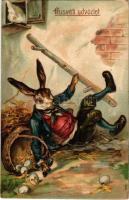 1907 Húsvéti üdvözlet / Easter greeting card with rabbit and broken eggs. Emb. litho (Rb)