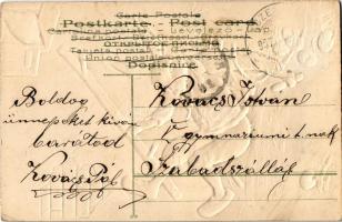 1907 Húsvéti üdvözlet / Easter greeting card with rabbit and broken eggs. Emb. litho (Rb)