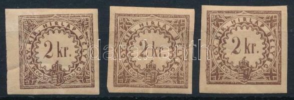 1868 Hírlapilleték bélyeg 3 db postatiszta 2kr (min 36.000)