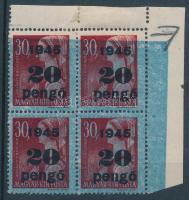 1945 Kisegítő 20P/30f ívsarki négyestömb eltolódott kék alapnyomattal (falc és szakadás az ívszélen ...