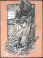 Anitz jelzéssel, XIX sz. vége/XX. sz. eleje: Női aktok és vadász puskával. Tempera, karton, jelzett,...