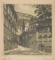 Olvashatatlan jelzéssel: Prágai utca. Rézkarc, papír, üvegezett fakeretben, 14x12,5 cm
