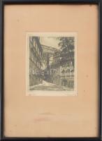 Olvashatatlan jelzéssel: Prágai utca. Rézkarc, papír, üvegezett fakeretben, 14x12,5 cm
