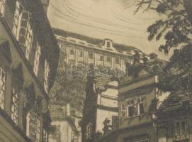 Olvashatatlan jelzéssel: Prágai utca. Rézkarc, papír, üvegezett fakeretben, 14x12,5 cm