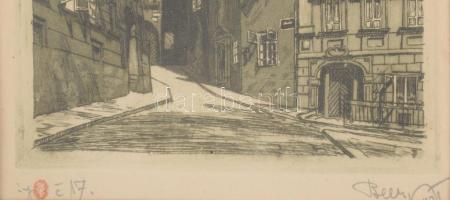 Olvashatatlan jelzéssel: Prágai utca. Rézkarc, papír, üvegezett fakeretben, 14x12,5 cm