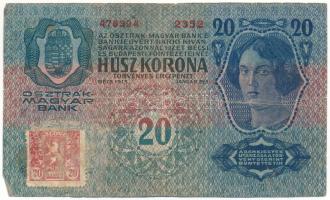 Csehszlovákia 1919. 20h, osztrák-magyar 20K "2352 479394" bankjegy felülbélyegezve csehszl...
