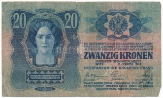 Csehszlovákia 1919. 20h, osztrák-magyar 20K "2352 479394" bankjegy felülbélyegezve csehszl...