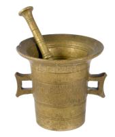 Bronz kis kaspó, törővel, m: 7,5 cm, törő h: 11 cm