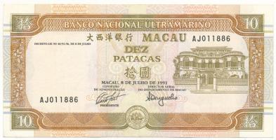 Makaó 1991. 10P "AJ011886" T:F szép papír
Macau 1991. 10 Patacas "AJ011886" C:F...