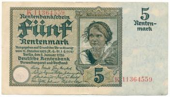 Német Birodalom / Weimari Köztársaság 1926. 5M "K 11364559" T:F erős papír
Germany / Weim...