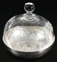 Christofle sajttartó, csiszolt mintás üveg fedéllel, d: 14 cm, m: 14 cm