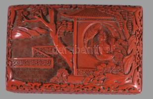 cca 1920 Kínai faragott lakk díszdoboz, jó állapotban, 15,5x10,5 cm
