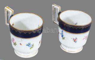 cca 1850-1880 Herendi 2 darab virágos-bogaras mintás csésze, jelzett, fülek ragasztottak, m: 9,5 cm