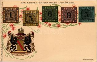 Die Ersten Briefmarken von Baden. Verlag von Menke-Huber Briefmarkenbörse / German stamps, coat of a...
