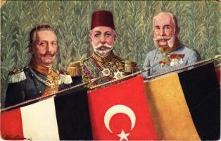 II. Vilmos, V. Mehmed és I. Ferenc József. Központi Hatalmak propaganda zászlókkal / WWI Central Pow...