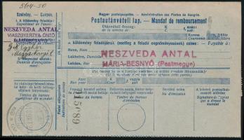 1918 Postautánvételi lap "MÁRIABESNYŐ" bélyegzéssel, ebben a formában ritka!