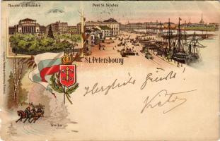 1898 Saint Petersburg, St. Petersbourg; Pont St. Nicolasm Theatre d'Alexandre, Troika. / bridge...
