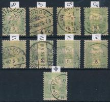1900 9 db Turul 5f E fogazással, 4 féle számvízjel- és 4 féle vízjelállással, 1 db csillagidom vízje...
