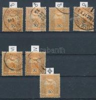 1900 7 db Turul 30f E fogazással, 4 féle számvízjel- és 4 féle vízjelállással, 1 db csillagidom vízj...