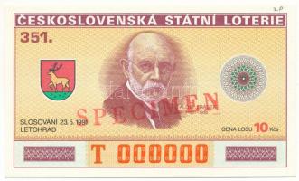 Csehszlovákia 1991. Csehszlovák Állami Lottó 10K értékben, "SPECIMEN (MINTA)" jelöléssel é...