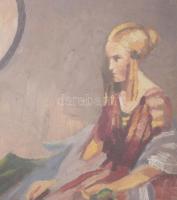 Jelzés nélkül: Lány rózsákkal. Olaj, karton. 39,5×28,5 cm. Üvegezett fakeretben, modern virágmintás ...