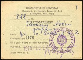 1970 Bp., az Országgyűlési Könyvtár látogatójegye Tavaszy Noémi (1927-2004) grafikus, festő- és ipar...