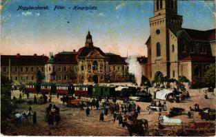 1917 Nagybecskerek, Zrenjanin, Veliki Beckerek; Fő tér, Megyeháza, városi vasút, vonat, gőzmozdony, ...