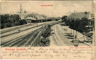 1900 Győr, pályaudvar, vasútállomás, vonat. Berecz Viktor kiadása (vágott / cut)