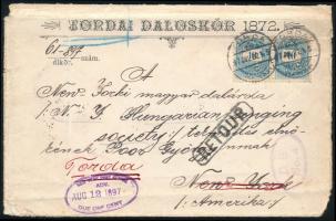 1897. jul. 22 Levél Tordáról New Yorkba Színes számú 10kr pár bérmentesítéssel, hosszas keresgélés u...