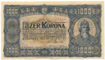 1923. 1000K "B 25 823568", "Magyar Pénzjegynyomda Rt. Budapest" nyomdahely-jelöl...
