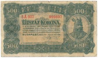1923. 500K "Magyar Pénzjegynyomda Rt. Budapest." nyomdahely-jelöléssel "5A 007 999897...